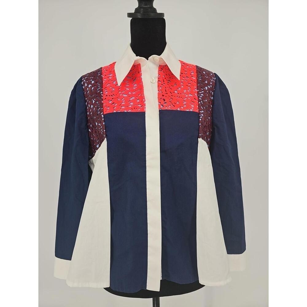 Peter Pilotto Patchwork Blouse 8 Floral‎ Blue White Colorblock